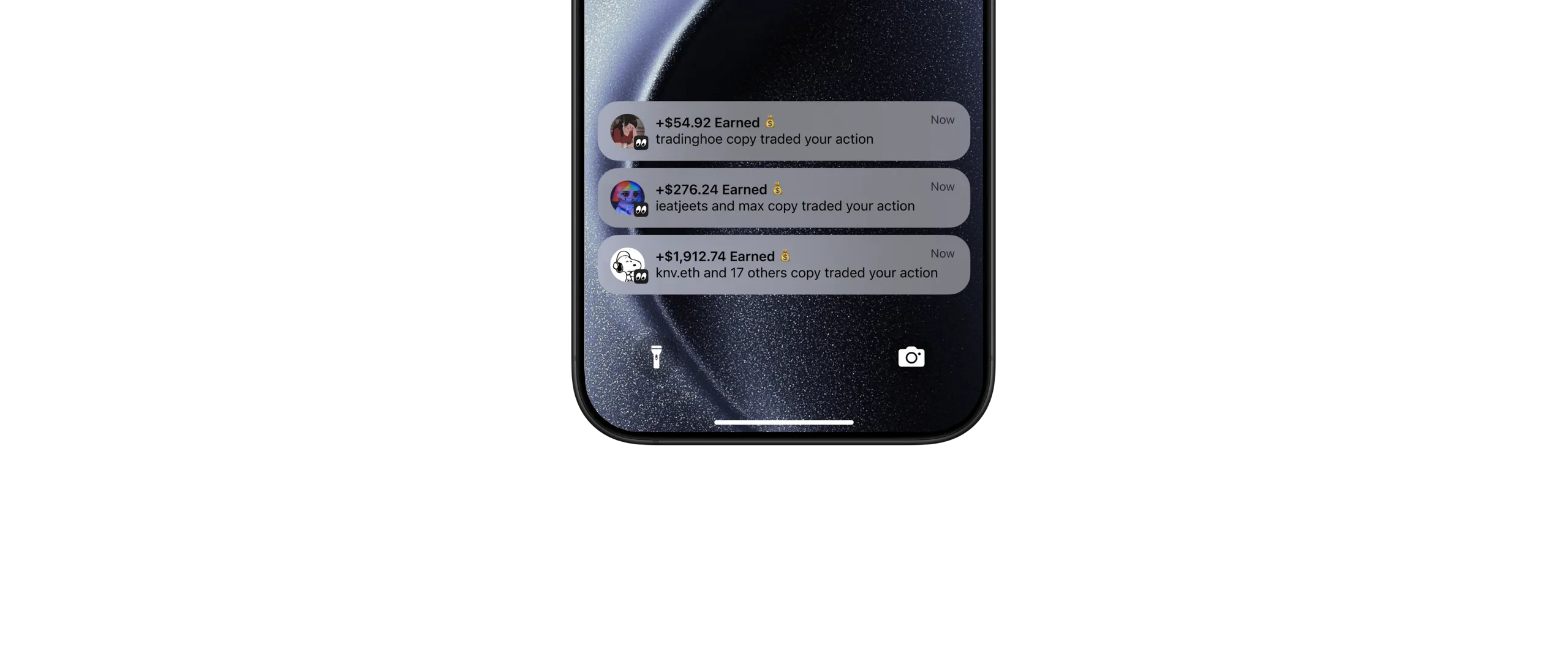 Push notifications displaying earnings from copy traders on Share